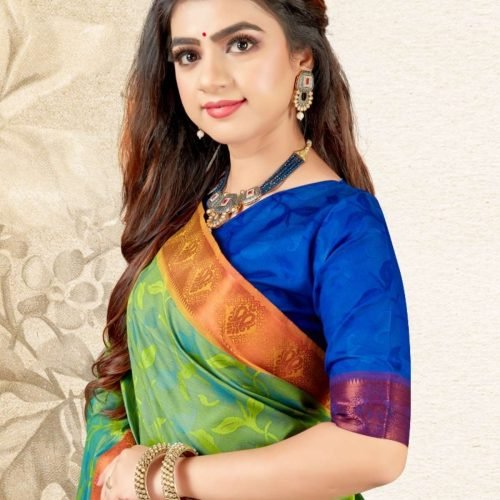 DHIYA - Semi Silk Saree #5679 Pistachio Green X R.Blue (2)